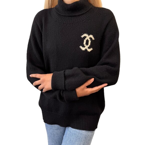 CHANEL Vintage Big CC Logo Knit Sweater Turtleneck Top Black Cashmere [105663] - Picture 1 of 12